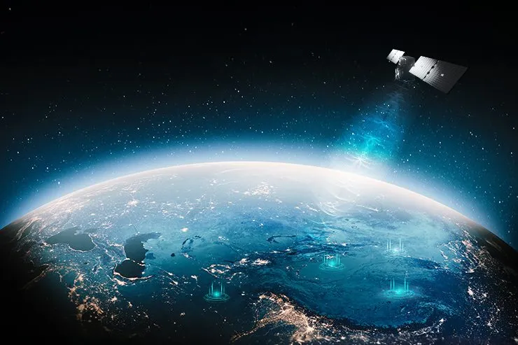 Illustration of a satellite in orbit above Earth, capturing radio frequency signals from multiple locations in the ocean, symbolizing global maritime surveillance and signal intelligence capabilities.