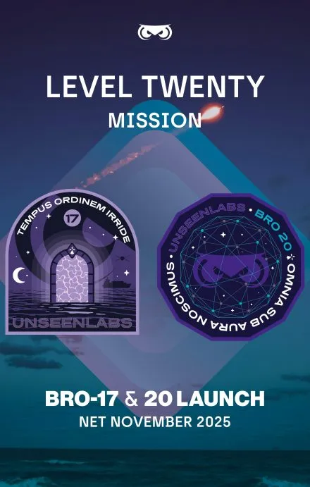 Poster announcing Unseenlabs’ BRO-17 and BRO-20 satellite launch. The image features the mission patches: BRO-17 shows a glowing portal over the sea with a crescent moon, stars, and the Latin motto “Tempus Ordinem Irride.” BRO-20 displays a constellation pattern with Unseenlabs’ logo at the center and the motto “Omnia Sub Aura Noscimus.” The text reads: “Level Twenty Mission — BRO-17 & 20 Launch — NET November 2025,” over a dark ocean and sky background.