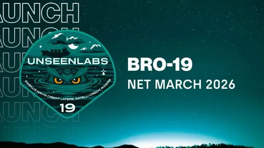 Unseenlabs BRO-19 mission patch featuring an owl with glowing eyes emerging from the ocean beneath a ship at night, set against a starry sky with the text “BRO-19” and “NET March 2026.”