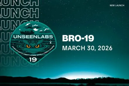 Promotional graphic for Unseenlabs’ new launch featuring the BRO-19 mission patch over a teal starry night sky, with the text “BRO-19” and “MARCH 30, 2026” in large white letters and “NEW LAUNCH” in the top-right corner.