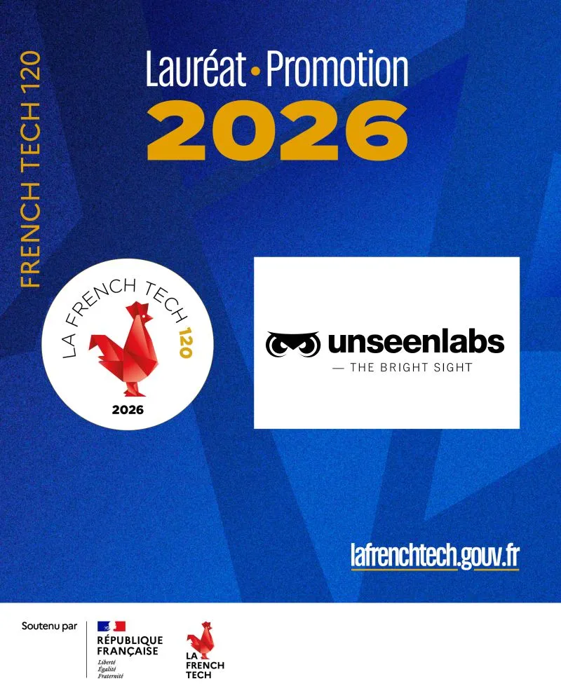 Graphic announcing that Unseenlabs has been selected for the 2026 French Tech 120 cohort, featuring the Unseenlabs, La French Tech, and French Republic logos on a blue background.
