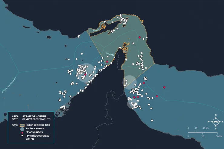Map of the Strait of Hormuz on March 7, 2026, at 09:49 UTC, showing RF emitters detected by Unseenlabs. White dots represent RF detections correlated with AIS positions, while pink dots indicate RF-only detections. The map also highlights anchorage areas, Iranian-controlled zones, and maritime boundaries.