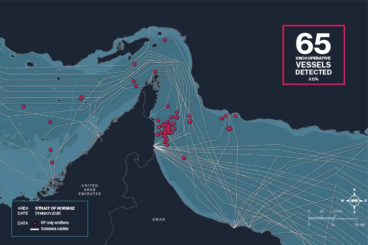 Map of the Strait of Hormuz on March 31, 2026, showing 65 uncooperative vessels detected by Unseenlabs, representing 9.13% of observed maritime activity. Pink dots indicate RF-only emitters, with several detections concentrated near subsea cable routes off the coast of Oman and the United Arab Emirates. White lines represent subsea cable routes.