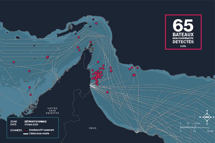 Carte du détroit d’Ormuz au 31 mars 2026, montrant 65 navires non coopératifs détectés par Unseenlabs, représentant 9,13 % de l’activité maritime observée. Les points roses indiquent les émetteurs RF-only, dont plusieurs sont concentrés à proximité des routes de câbles sous-marins au large d’Oman et des Émirats arabes unis. Les lignes blanches représentent les tracés des câbles sous-marins.