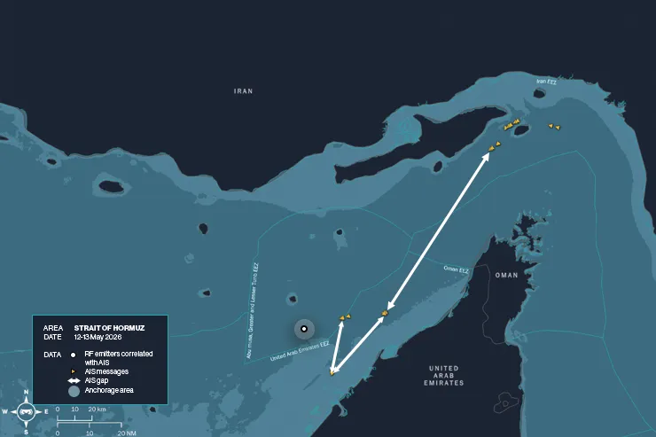 Map of the Strait of Hormuz from May 12 to 13, 2026, showing the movements of a vessel tracked through AIS messages and Unseenlabs’ RF detections. White arrows indicate the vessel’s route near the UAE coastline and Iranian-controlled islands, while yellow markers represent AIS positions and a white dot indicates an RF detection correlated with AIS.