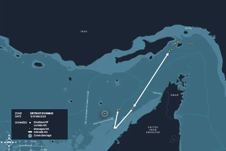 Carte du détroit d’Ormuz du 12 au 13 mai 2026, illustrant les déplacements d’un navire suivis à partir des messages AIS et des détections RF d’Unseenlabs. Les flèches blanches indiquent les déplacements du navire à proximité des côtes des Émirats arabes unis et des îles sous contrôle iranien. Les marqueurs jaunes représentent les positions AIS et le point blanc une détection RF corrélée à l’AIS.