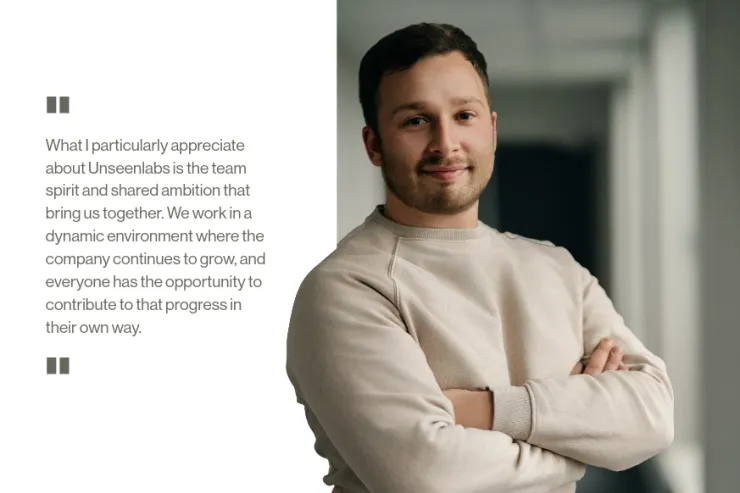 Portrait of Jonathan Wattiaux with a quote about team spirit and shared ambition at Unseenlabs.